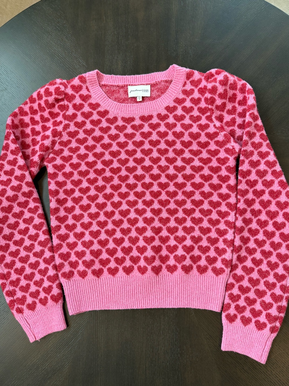 freshman Pink and Red Heart Jacquard Crewneck Sweater